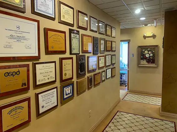 Dr. Kurpis&rsquo;s diplomas and fellowships along the practice corridor.